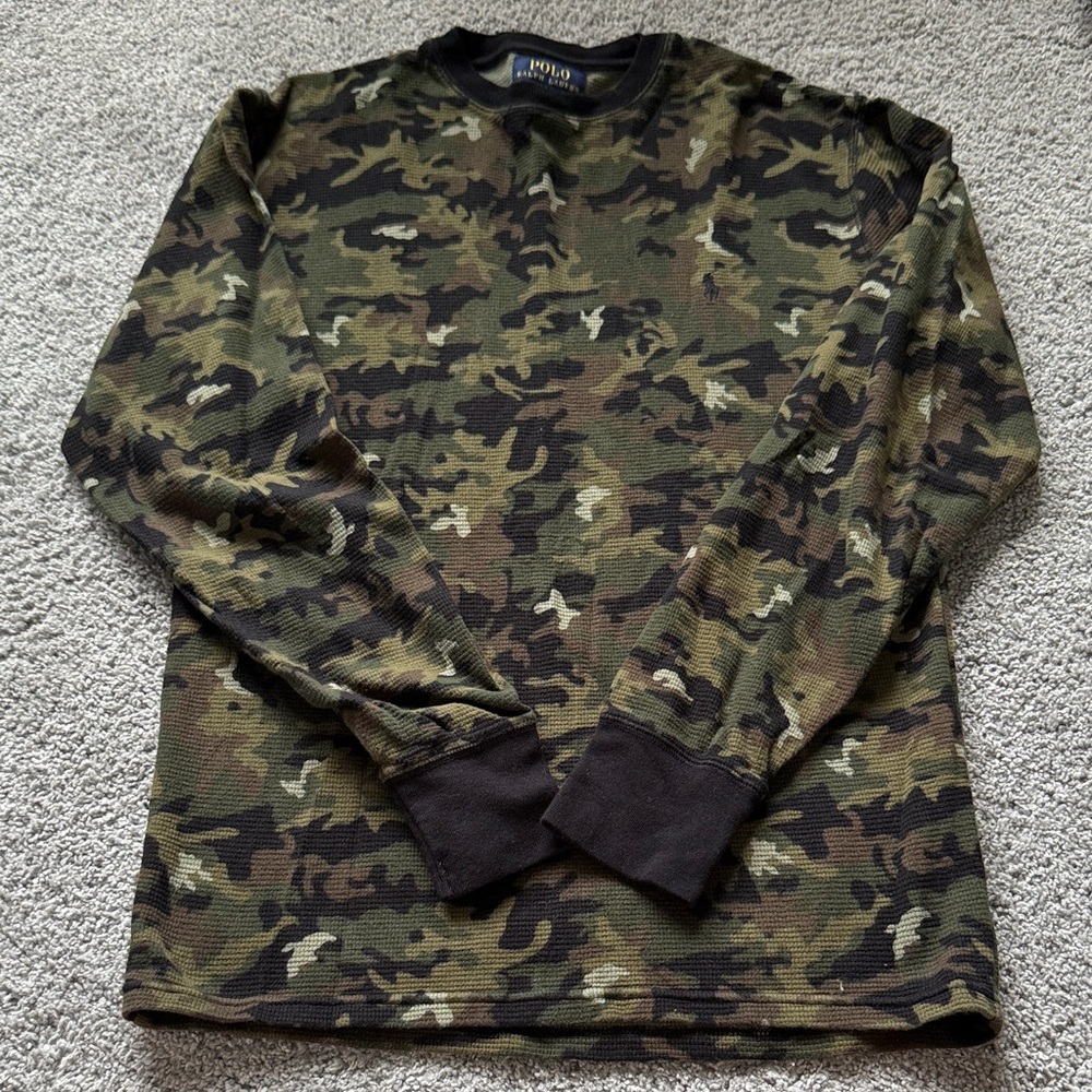 EUC Men’s Camo Polo Ralph Lauren Waffle Knit Long Sleeve Shirt